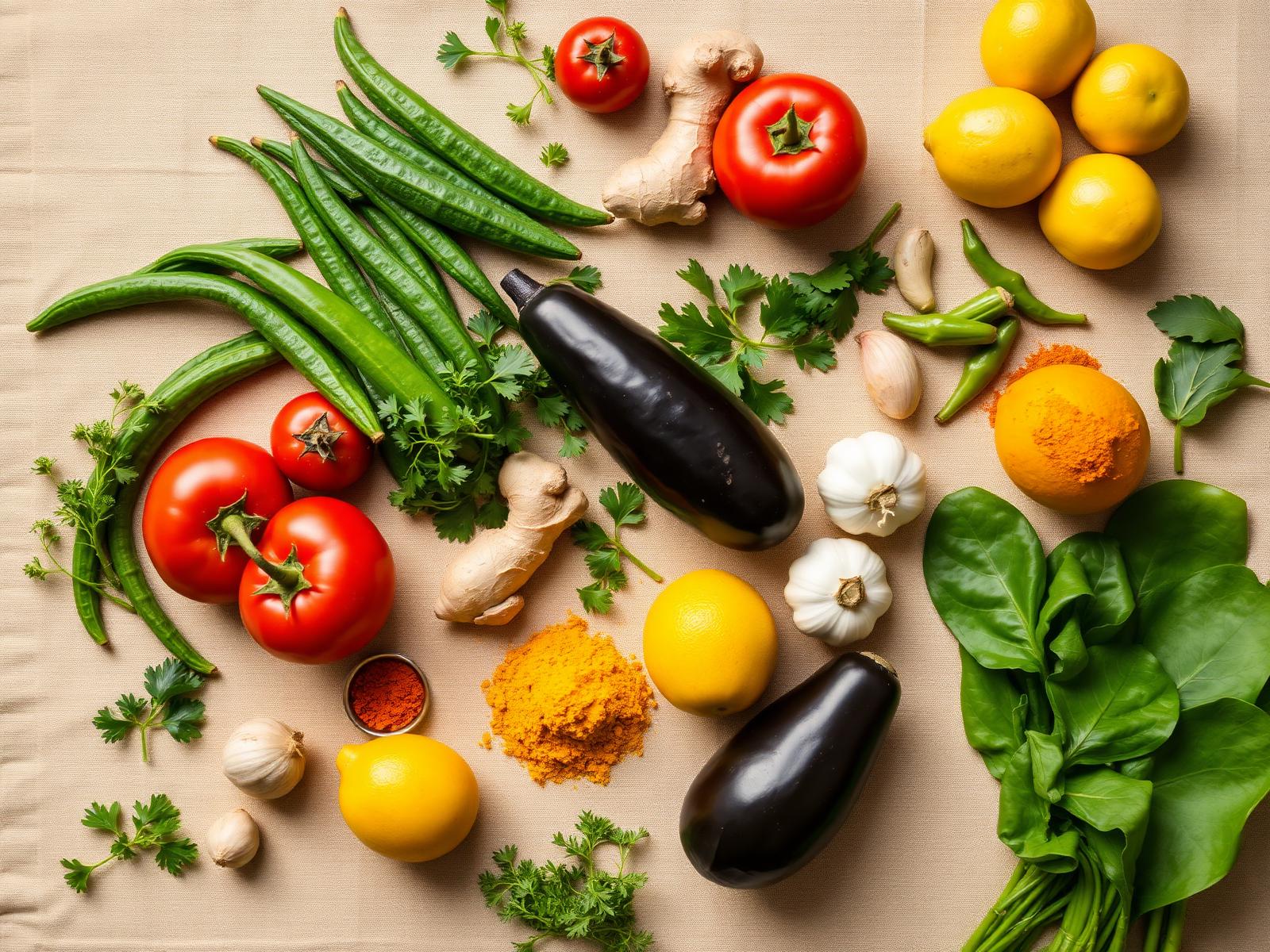 Fresh vegetables, herbs and Indian produce on a cream linen surface